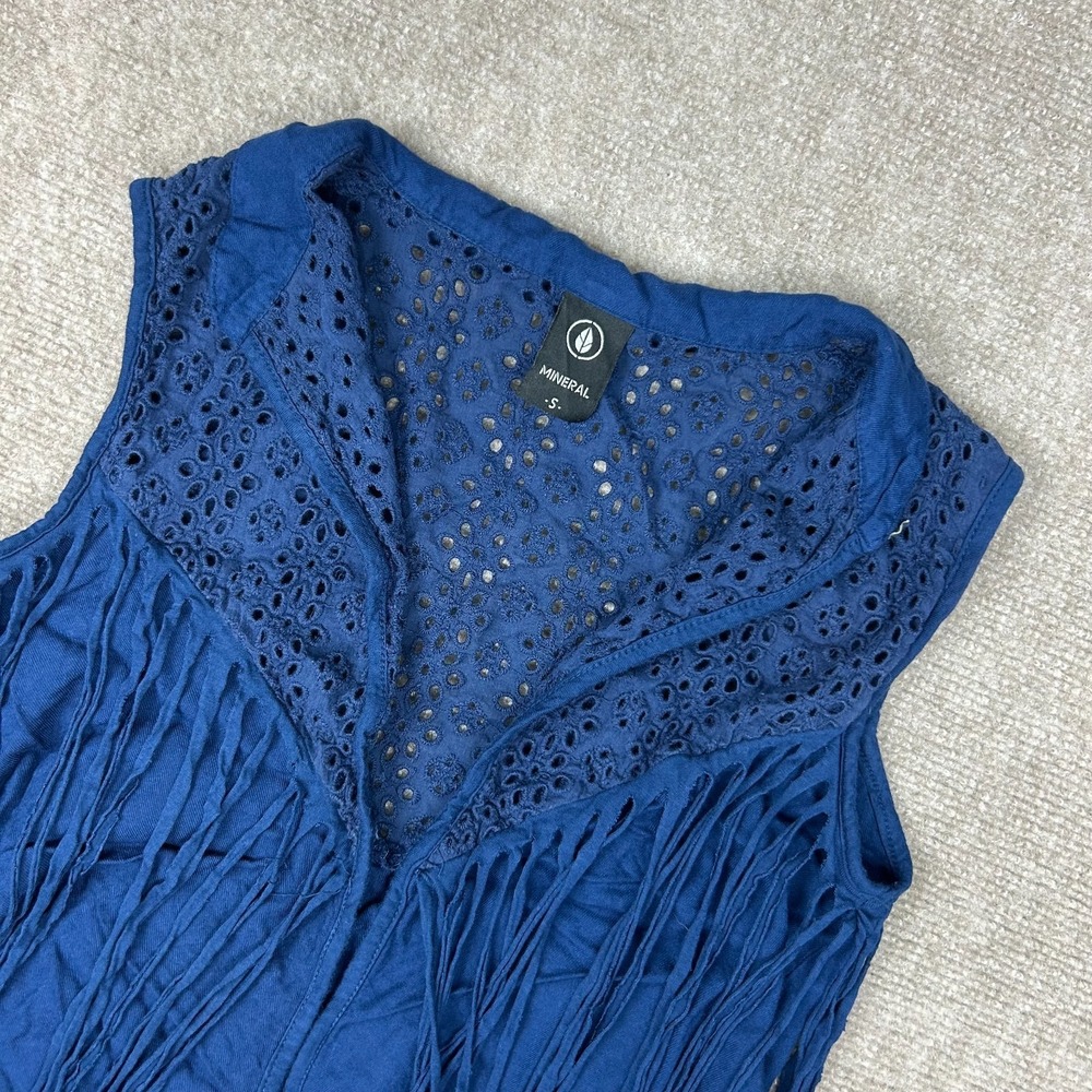 Mineral Blouse Top Womens Small Blue Indigo Crochet Festival Fringe Sleeveless